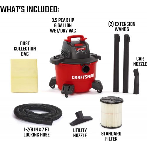  CRAFTSMAN CMXEVBE17584 6 Gallon 3.5 Peak HP Wet/Dry Vac, Portable Shop Vacuum with Attachments , Red