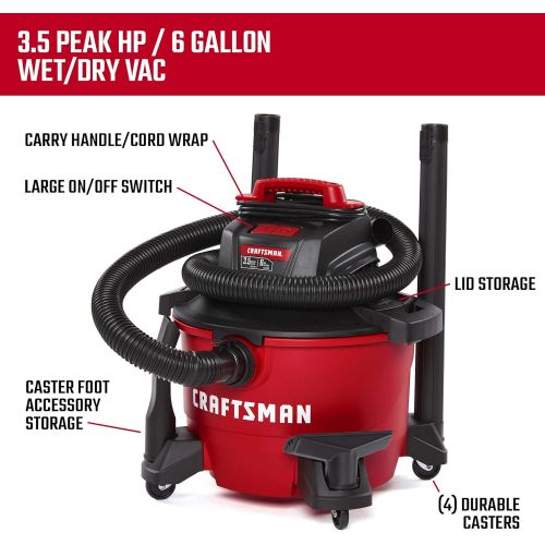  CRAFTSMAN CMXEVBE17584 6 Gallon 3.5 Peak HP Wet/Dry Vac, Portable Shop Vacuum with Attachments , Red