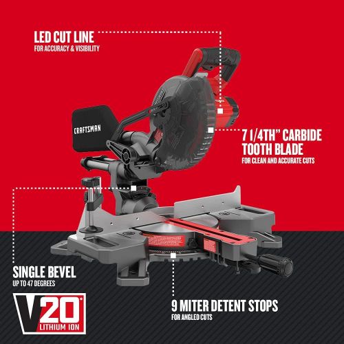  CRAFTSMAN V20 7-1/4-Inch Sliding Miter Saw Kit, Cordless (CMCS714M1)