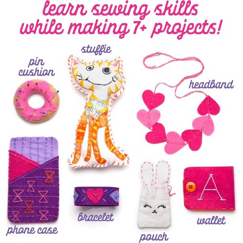  [아마존베스트]Craft-tastic  Learn to Sew Kit  Craft Kit Includes 7 Fun Projects to Teach Basic Sewing Stitches, Embroidery & More