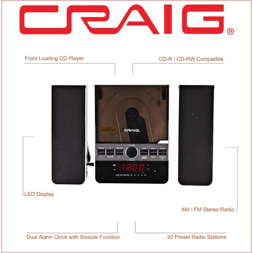  [아마존베스트]Craig CM427 3-Piece Vertical CD Stereo Shelf System with AM/FM Radio and Remote Control in Black | LED Display | Dual Alarm Clock with Snooze | AUX Port Compatible |