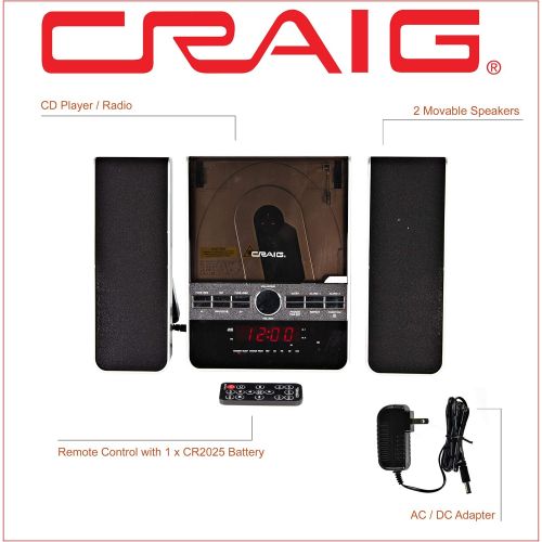  [아마존베스트]Craig CM427 3-Piece Vertical CD Stereo Shelf System with AM/FM Radio and Remote Control in Black | LED Display | Dual Alarm Clock with Snooze | AUX Port Compatible |