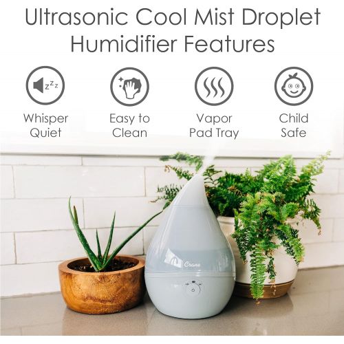  Crane Droplet Ultrasonic Cool Mist Humidifier, Filter Free, 0.5 Gallon with Optional Vapor Pad Slot, 3 Speed Output Settings, Grey
