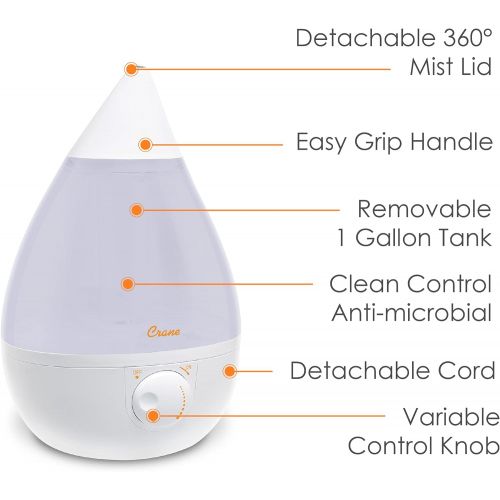  Crane Ultrasonic Cool Mist Humidifier, Filter-Free, 1 Gallon, for Home Bedroom Baby Nursery and Office, White