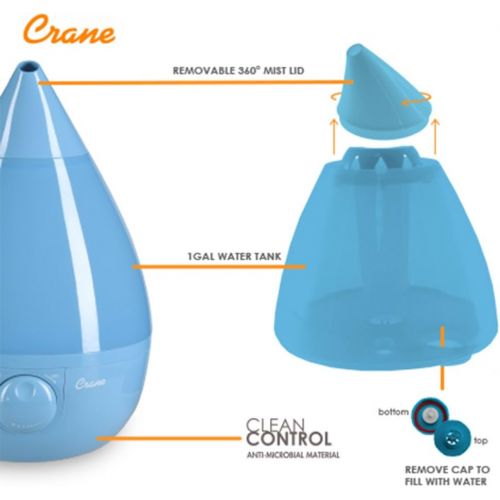  Crane USA Humidifiers - Ultrasonic Cool Mist Humidifier, Filter-Free, 1 Gallon, for Home Bedroom Baby Nursery and Office, Blue and White
