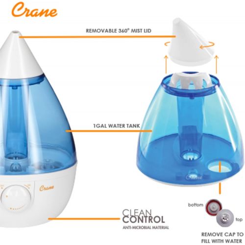  Crane USA Humidifiers - Ultrasonic Cool Mist Humidifier, Filter-Free, 1 Gallon, for Home Bedroom Baby Nursery and Office, Blue and White