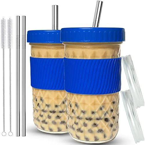  [아마존베스트]Crayline Reusable Smoothie Cups Boba Tea Cups with Lid and Straw,Bubble Tea Cup Glass Tumbler Travel Mug, Wide Mouth Mason Jar Cups (2-pack, 22 oz) (blue)