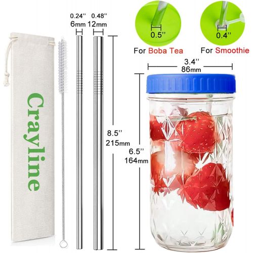  [아마존베스트]Crayline Reusable Smoothie Cups Boba Tea Cups with Lid and Straw,Bubble Tea Cup Glass Tumbler Travel Mug, Wide Mouth Mason Jar Cups (2-pack, 22 oz) (blue)