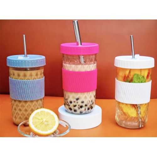  [아마존베스트]Crayline Reusable Smoothie Cups Boba Tea Cups with Lid and Straw,Bubble Tea Cup Glass Tumbler Travel Mug, Wide Mouth Mason Jar Cups (2-pack, 22 oz) (blue)