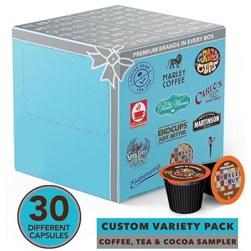  Variety Pack of Coffee, Tea, Hot Chocolate and Cappuccino, Sampler of Single Serve Coffee, Tea, Hot Cocoa and Cappuccino Pods for Keurig K Cups Machines, 30 Pack - No Duplicates