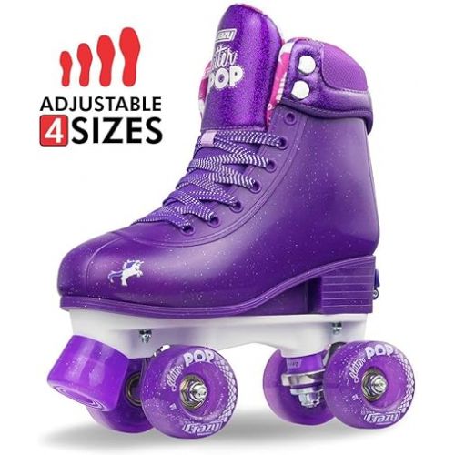  Crazy Skates Adjustable Roller Skates for Girls and Boys - Glitter Pop Collection - Size Adjustable to fit Four Sizes
