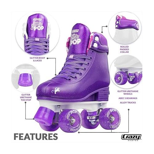  Crazy Skates Adjustable Roller Skates for Girls and Boys - Glitter Pop Collection - Size Adjustable to fit Four Sizes