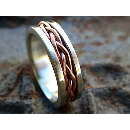  CrazyAss Jewelry Designs hand braided ring silver copper, unique wedding band silver copper, mens wedding ring, eternity ring, personalized ring mixed metal, cool mens ring two toned, unique anniversary gi