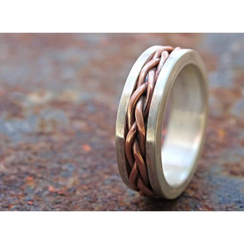  CrazyAss Jewelry Designs hand braided ring silver copper, unique wedding band silver copper, mens wedding ring, eternity ring, personalized ring mixed metal, cool mens ring two toned, unique anniversary gi