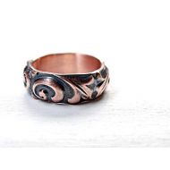 CrazyAss Jewelry Designs textured copper ring leaf and swirls, chunky copper ring unique, personalized ring copper anniversary gift, alternative wedding band copper, 7th anniversary gift copper ring