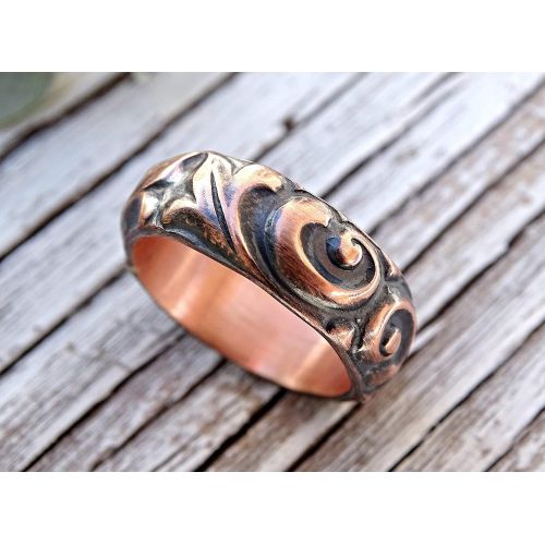  CrazyAss Jewelry Designs textured copper ring leaf and swirls, chunky copper ring unique, personalized ring copper anniversary gift, alternative wedding band copper, 7th anniversary gift copper ring