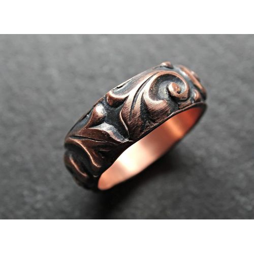  CrazyAss Jewelry Designs textured copper ring leaf and swirls, chunky copper ring unique, personalized ring copper anniversary gift, alternative wedding band copper, 7th anniversary gift copper ring