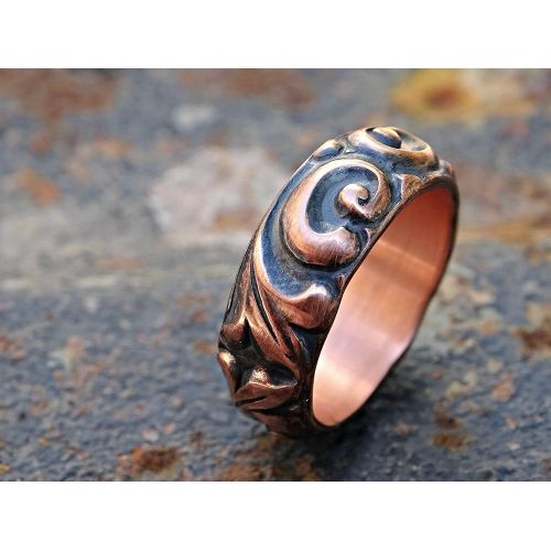  CrazyAss Jewelry Designs textured copper ring leaf and swirls, chunky copper ring unique, personalized ring copper anniversary gift, alternative wedding band copper, 7th anniversary gift copper ring