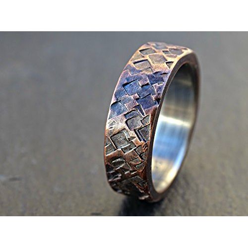  CrazyAss Jewelry Designs rustic copper ring wedding, mens promise ring copper, mens wedding band copper silver, square hammered ring, anniversary gift for men