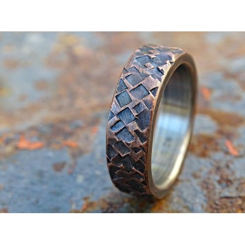  CrazyAss Jewelry Designs rustic copper ring wedding, mens promise ring copper, mens wedding band copper silver, square hammered ring, anniversary gift for men