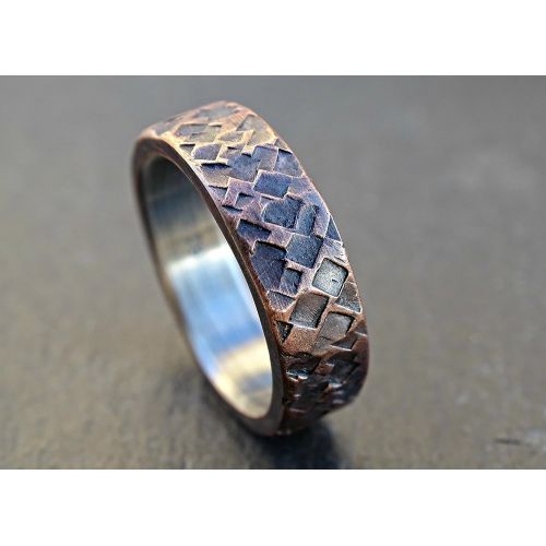  CrazyAss Jewelry Designs rustic copper ring wedding, mens promise ring copper, mens wedding band copper silver, square hammered ring, anniversary gift for men