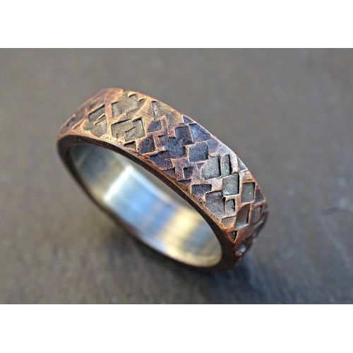  CrazyAss Jewelry Designs rustic copper ring wedding, mens promise ring copper, mens wedding band copper silver, square hammered ring, anniversary gift for men