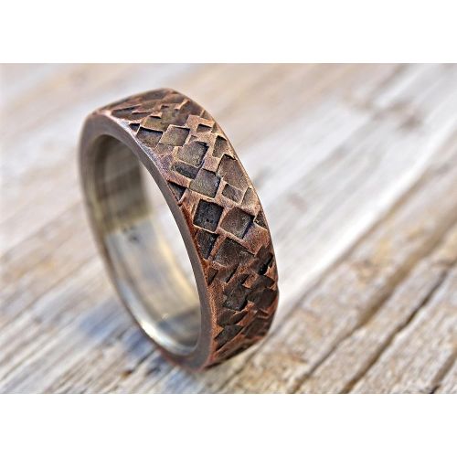  CrazyAss Jewelry Designs rustic copper ring wedding, mens promise ring copper, mens wedding band copper silver, square hammered ring, anniversary gift for men