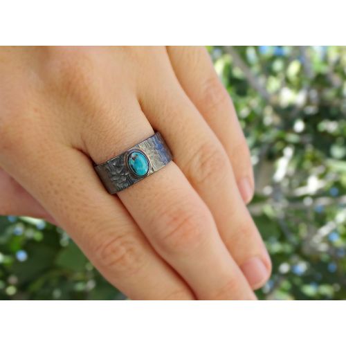  CrazyAss Jewelry Designs mens turquoise ring, wide mens ring turquoise, black silver ring, rustic wedding band, mens promise ring rustic, cross hammered silver ring anniversary gift