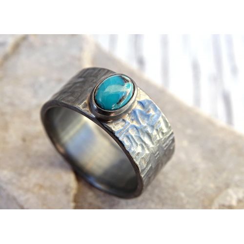  CrazyAss Jewelry Designs mens turquoise ring, wide mens ring turquoise, black silver ring, rustic wedding band, mens promise ring rustic, cross hammered silver ring anniversary gift