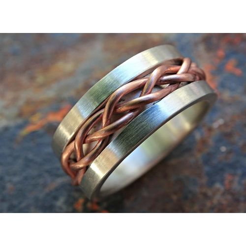  CrazyAss Jewelry Designs bold braided ring silver copper, unique wedding band silver, mens eternity ring mixed metal, celtic mens ring, medieval wedding band, unique anniversary gift