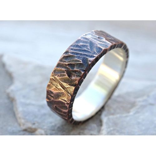  CrazyAss Jewelry Designs unique wedding band for men, viking ring mens promise ring wood structure, rustic mens ring mixed metal, mens wedding ring two tone, copper anniversary gift