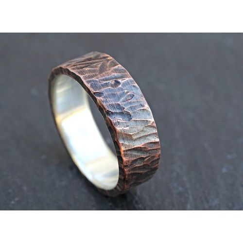  CrazyAss Jewelry Designs unique wedding band for men, viking ring mens promise ring wood structure, rustic mens ring mixed metal, mens wedding ring two tone, copper anniversary gift