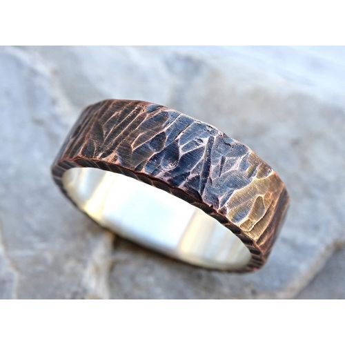  CrazyAss Jewelry Designs unique wedding band for men, viking ring mens promise ring wood structure, rustic mens ring mixed metal, mens wedding ring two tone, copper anniversary gift