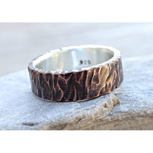  CrazyAss Jewelry Designs unique wedding band for men, viking ring mens promise ring wood structure, rustic mens ring mixed metal, mens wedding ring two tone, copper anniversary gift