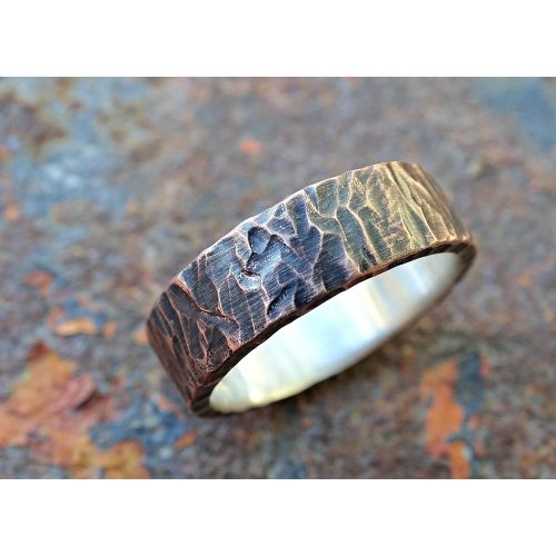  CrazyAss Jewelry Designs unique wedding band for men, viking ring mens promise ring wood structure, rustic mens ring mixed metal, mens wedding ring two tone, copper anniversary gift