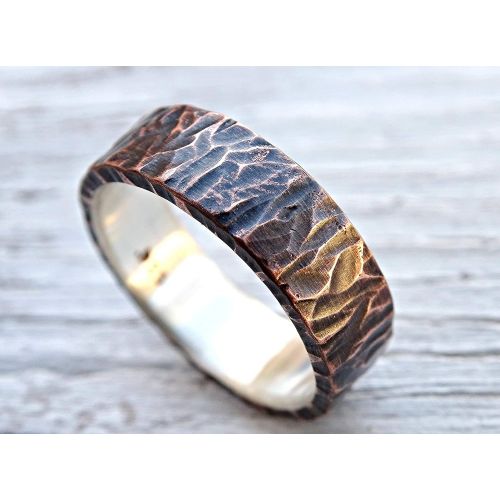  CrazyAss Jewelry Designs unique wedding band for men, viking ring mens promise ring wood structure, rustic mens ring mixed metal, mens wedding ring two tone, copper anniversary gift