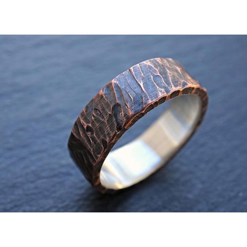  CrazyAss Jewelry Designs unique wedding band for men, viking ring mens promise ring wood structure, rustic mens ring mixed metal, mens wedding ring two tone, copper anniversary gift