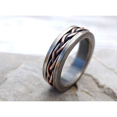  CrazyAss Jewelry Designs rustic braided ring silver copper, cool mens ring two tone, unique wedding band silver, braided mens band, mixed metal ring anniversary gift