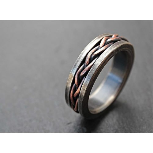  CrazyAss Jewelry Designs rustic braided ring silver copper, cool mens ring two tone, unique wedding band silver, braided mens band, mixed metal ring anniversary gift