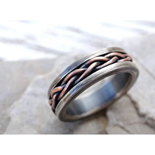  CrazyAss Jewelry Designs rustic braided ring silver copper, cool mens ring two tone, unique wedding band silver, braided mens band, mixed metal ring anniversary gift