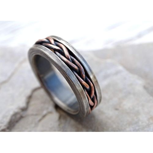  CrazyAss Jewelry Designs rustic braided ring silver copper, cool mens ring two tone, unique wedding band silver, braided mens band, mixed metal ring anniversary gift