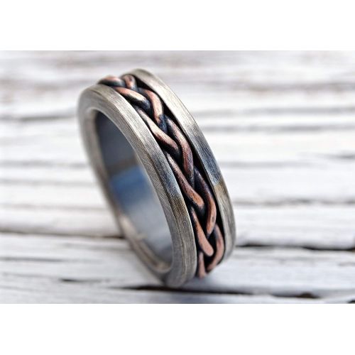  CrazyAss Jewelry Designs rustic braided ring silver copper, cool mens ring two tone, unique wedding band silver, braided mens band, mixed metal ring anniversary gift