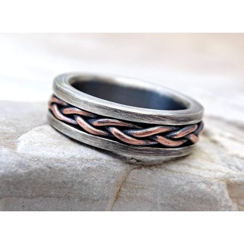  CrazyAss Jewelry Designs rustic braided ring silver copper, cool mens ring two tone, unique wedding band silver, braided mens band, mixed metal ring anniversary gift