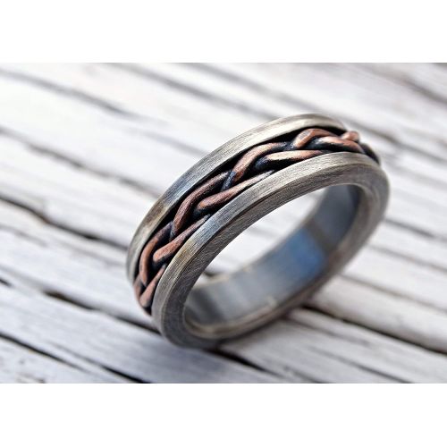  CrazyAss Jewelry Designs rustic braided ring silver copper, cool mens ring two tone, unique wedding band silver, braided mens band, mixed metal ring anniversary gift