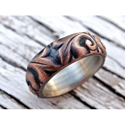  CrazyAss Jewelry Designs viking wedding ring copper leaf ring, medieval wedding band mens proposal ring, textured copper ring leaves, copper anniversary gift ring