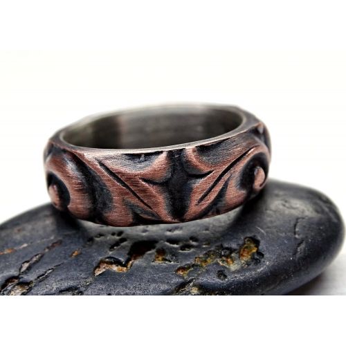  CrazyAss Jewelry Designs viking wedding ring copper leaf ring, medieval wedding band mens proposal ring, textured copper ring leaves, copper anniversary gift ring