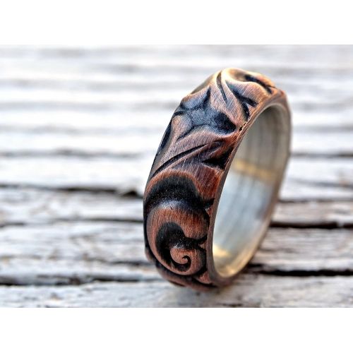  CrazyAss Jewelry Designs viking wedding ring copper leaf ring, medieval wedding band mens proposal ring, textured copper ring leaves, copper anniversary gift ring