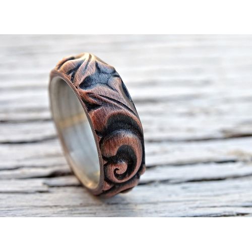  CrazyAss Jewelry Designs viking wedding ring copper leaf ring, medieval wedding band mens proposal ring, textured copper ring leaves, copper anniversary gift ring