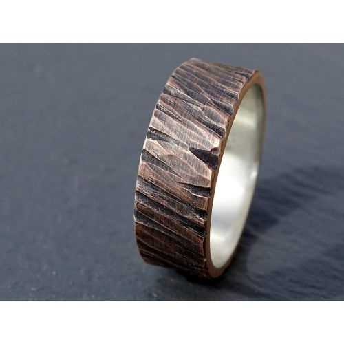  CrazyAss Jewelry Designs bronze wedding ring men, cool mens ring bronze silver, rugged bronze ring, carved ring band two tone, bronze anniversary gift for him