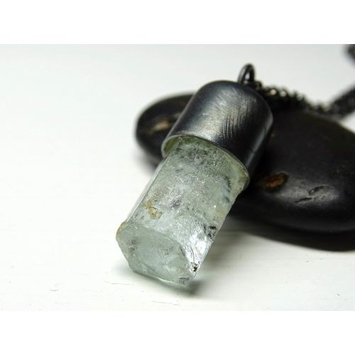  CrazyAss Jewelry Designs big aquamarine crystal necklace black silver, men crystal necklace, unique gift for women, rough aquamarine crystal, raw crystal pendant